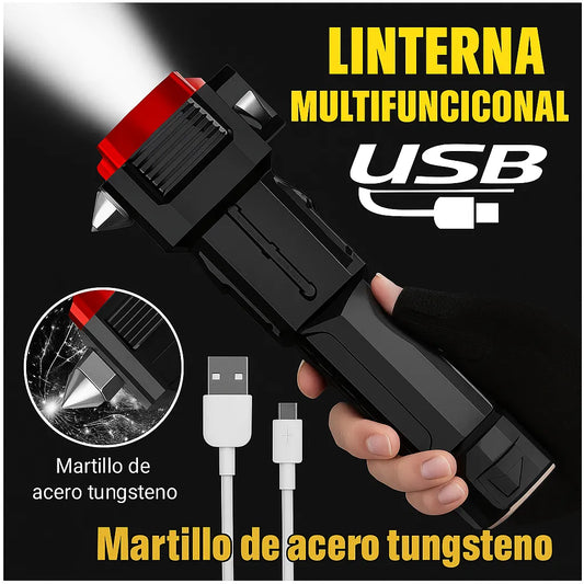 🔦 Linterna de Seguridad 5 en 1 con Martillo y Power Bank